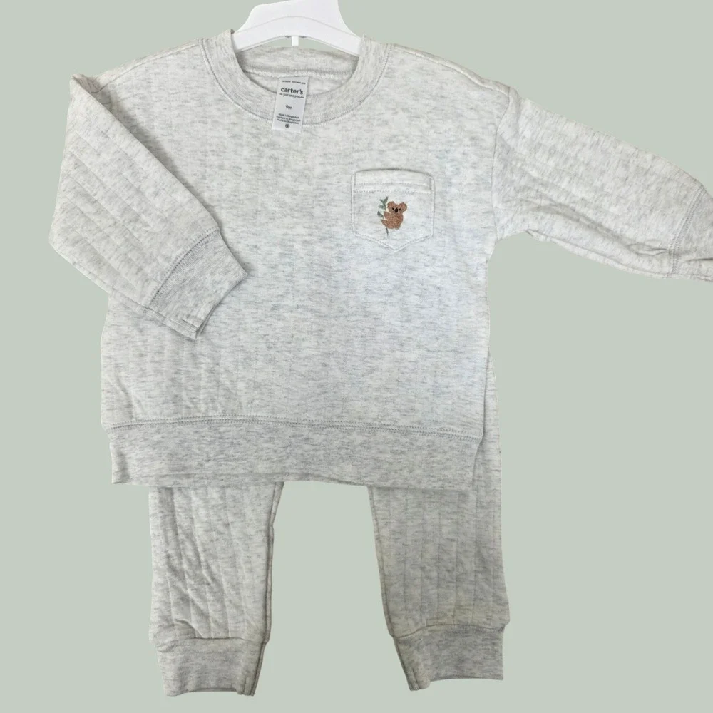 Carters Just One You Baby 9M Gray Quilted Koala Sweatshirt and Pants Set 2PC